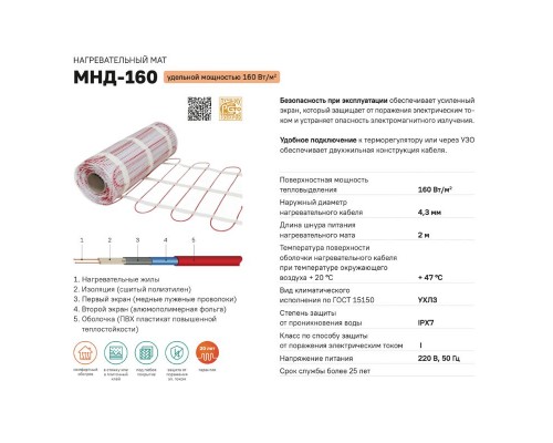 Теплый пол электрический ЧТК МНД ЭКО 5,0м2-800Вт (160Вт/м2)